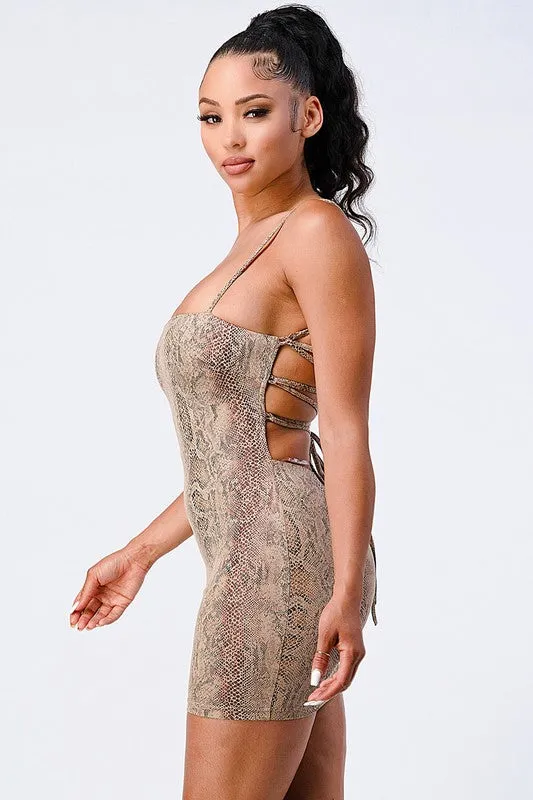 FAUX LEATHER SNAKE PRINT CROSSED BACK CAMI DRESS