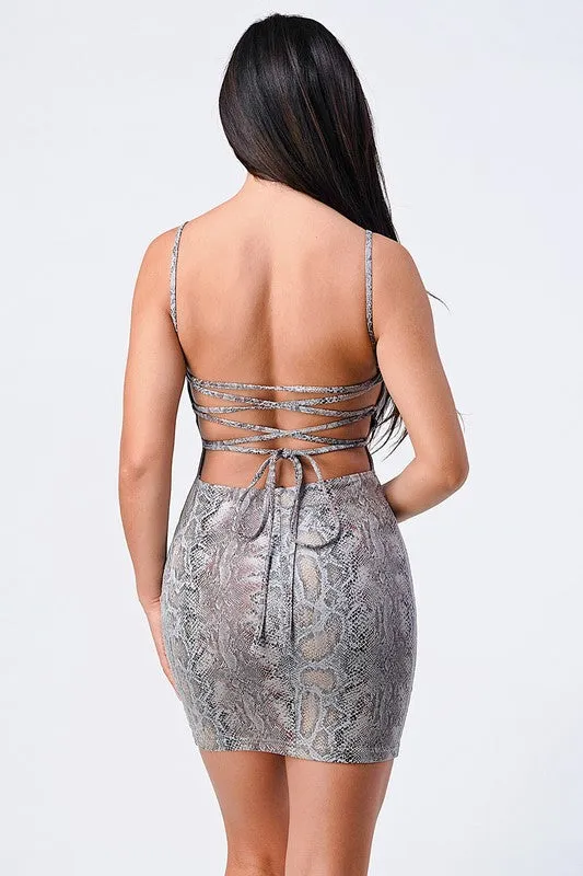 FAUX LEATHER SNAKE PRINT CROSSED BACK CAMI DRESS