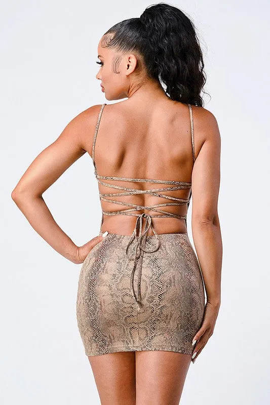 FAUX LEATHER SNAKE PRINT CROSSED BACK CAMI DRESS