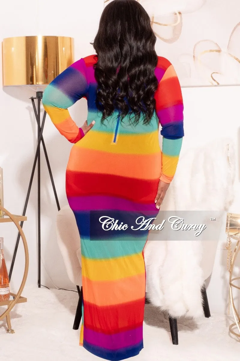 *Final Sale Plus Size Sheer Mesh Bodycon Dress in Rainbow Stripes