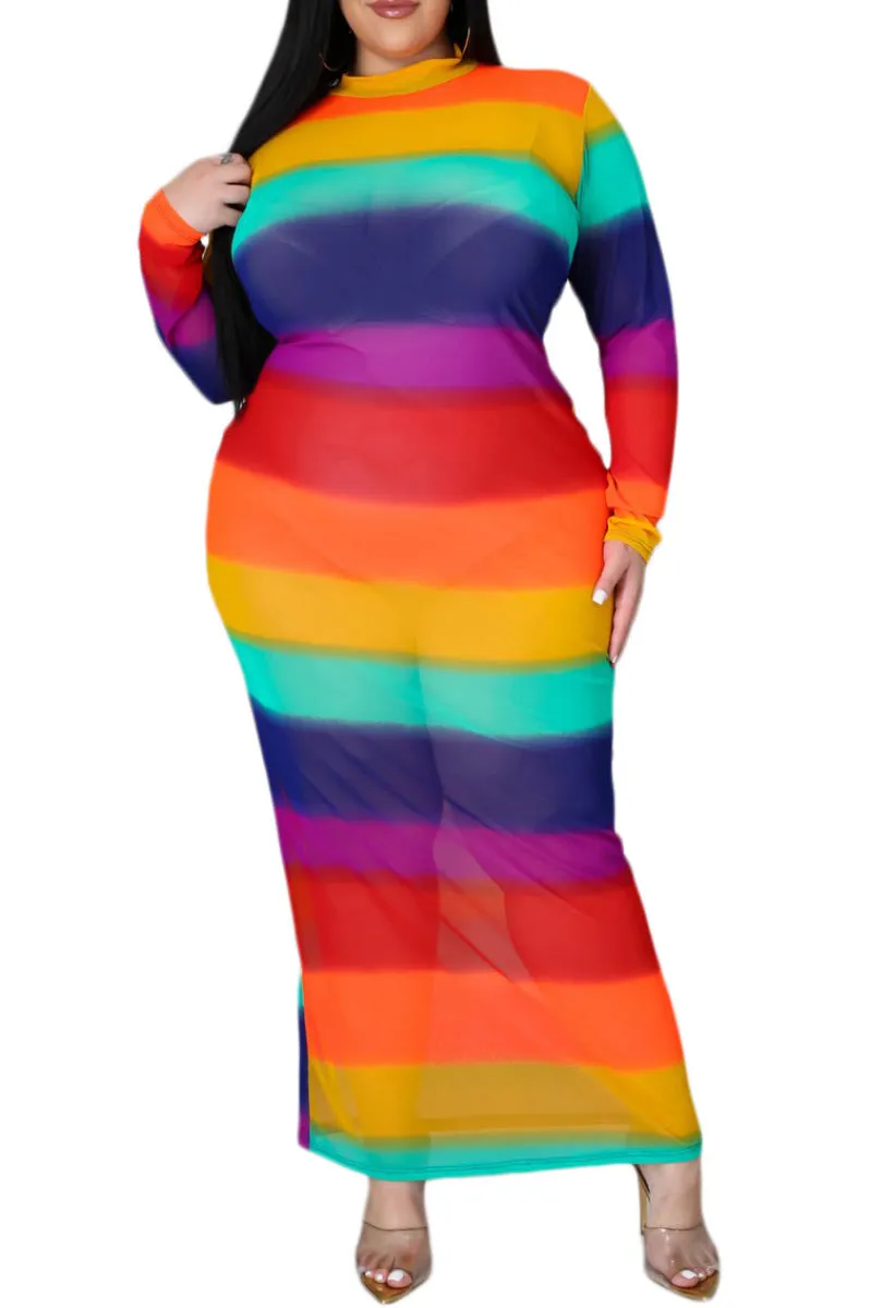 *Final Sale Plus Size Sheer Mesh Bodycon Dress in Rainbow Stripes