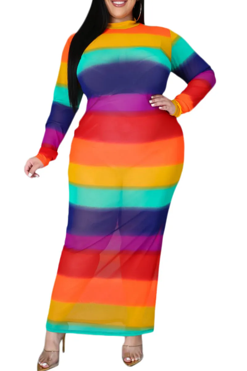 *Final Sale Plus Size Sheer Mesh Bodycon Dress in Rainbow Stripes