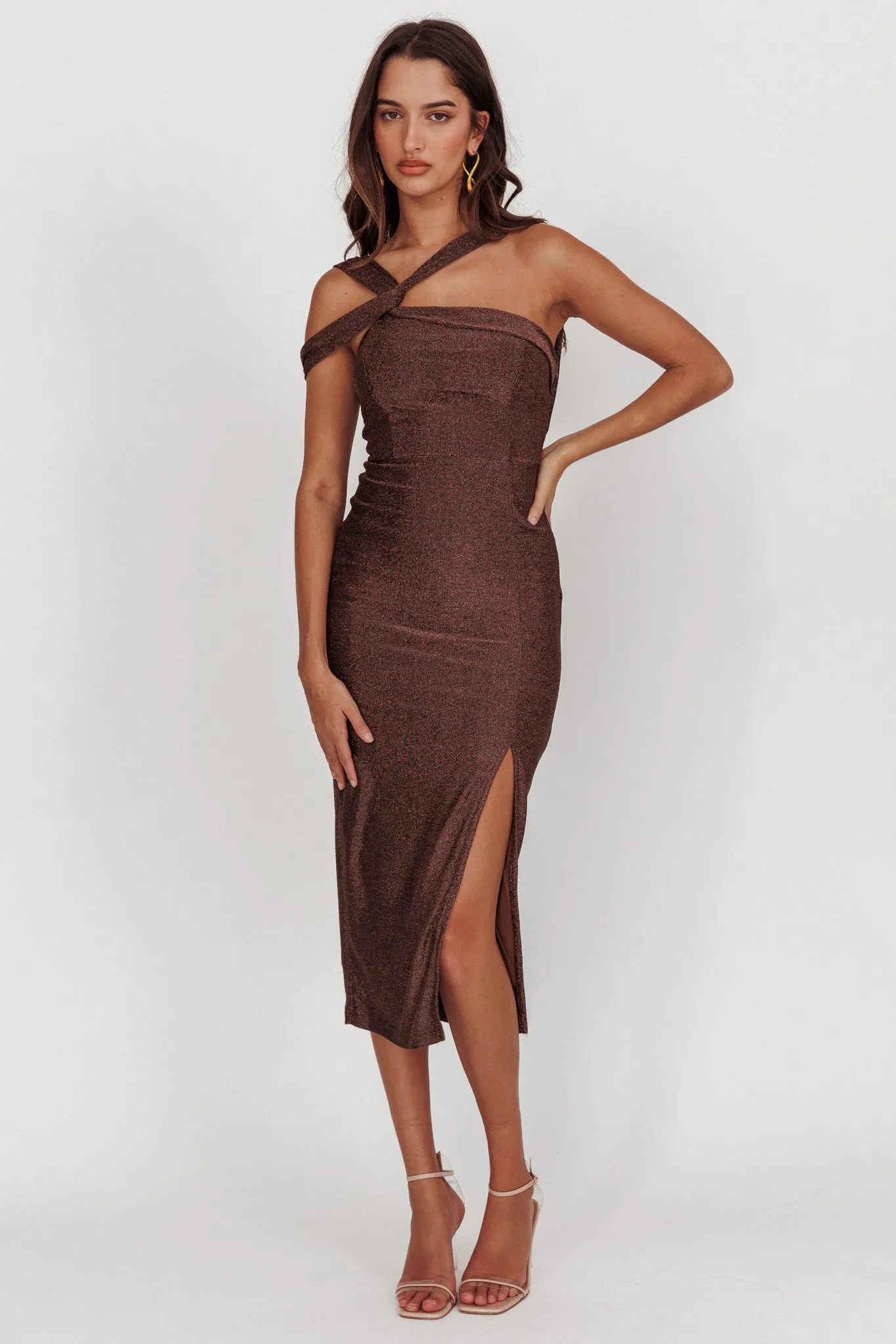 First Impressions One Shoulder Midi Dress Chocolate