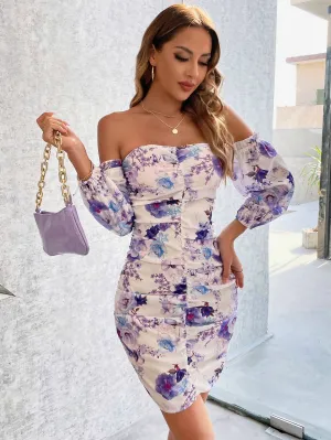 Floral Ruched Off-Shoulder Bodycon Dress