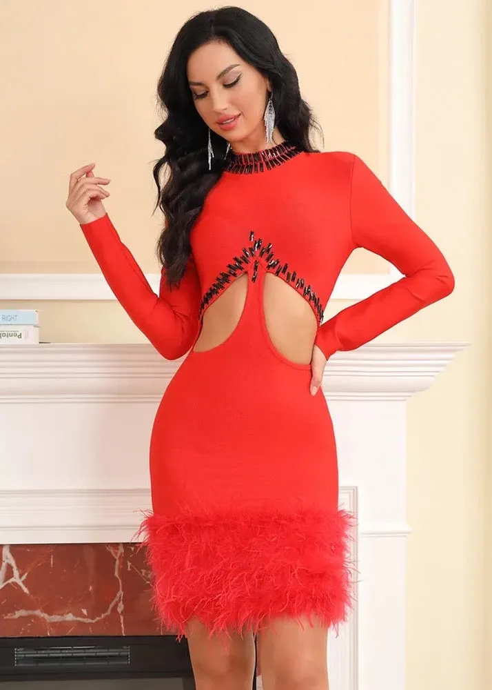 Fuzzy Trim Long Sleeve Cut-Out Bodycon Dress