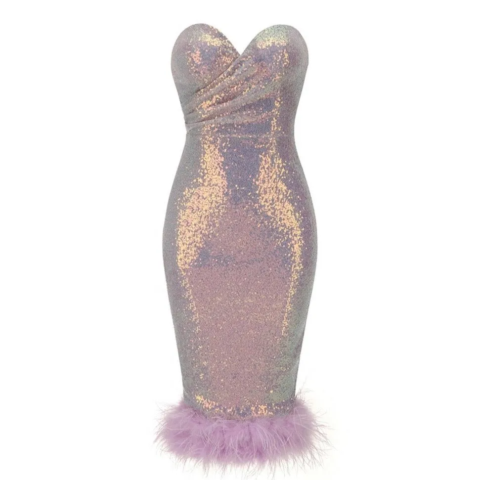 Fuzzy Trim Sweetheart Neck Sequined Tube Dress