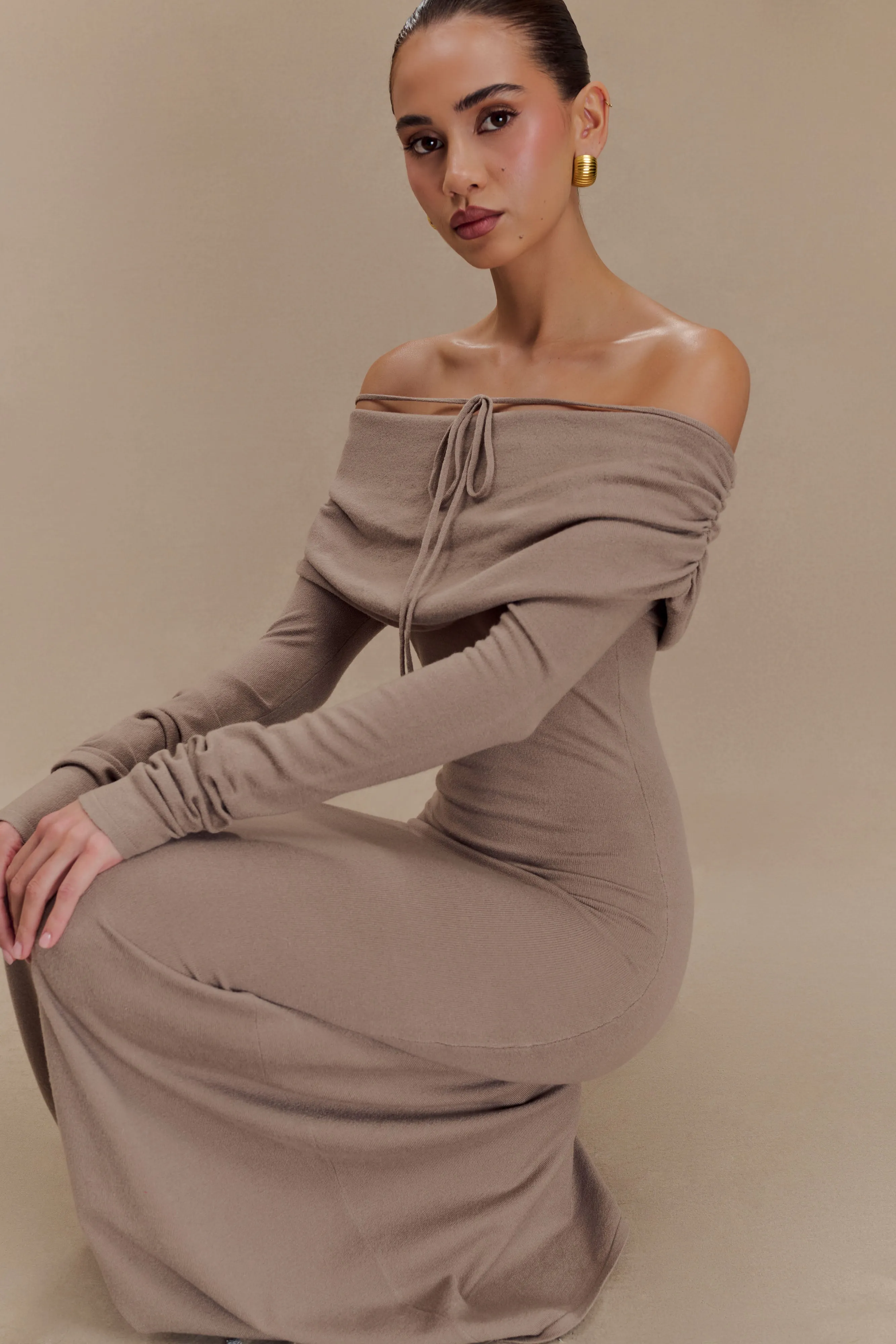 Georgiana Off Shoulder Knit Midi Dress - Stone Marle