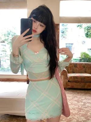 Girlary 2024 Summer Korean Fashion Y2k Suit Woman Thin See Through Slim Blouse Sexy Bodycon Mini Skirt Spice Girls Sweet Skirt Set Chic