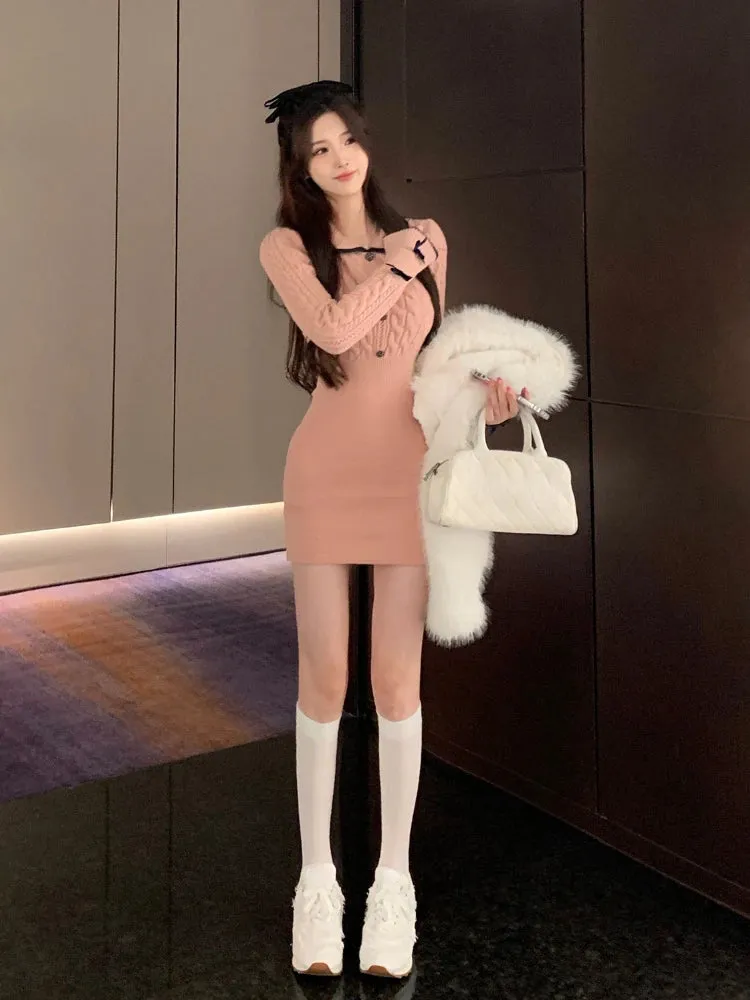 Girlary Winter Elegant Knitted Dress Women Kawaii Clothing  Bodycon Y2k Mini Dress Female Slim One Piece Dress Korean Fashion Chic