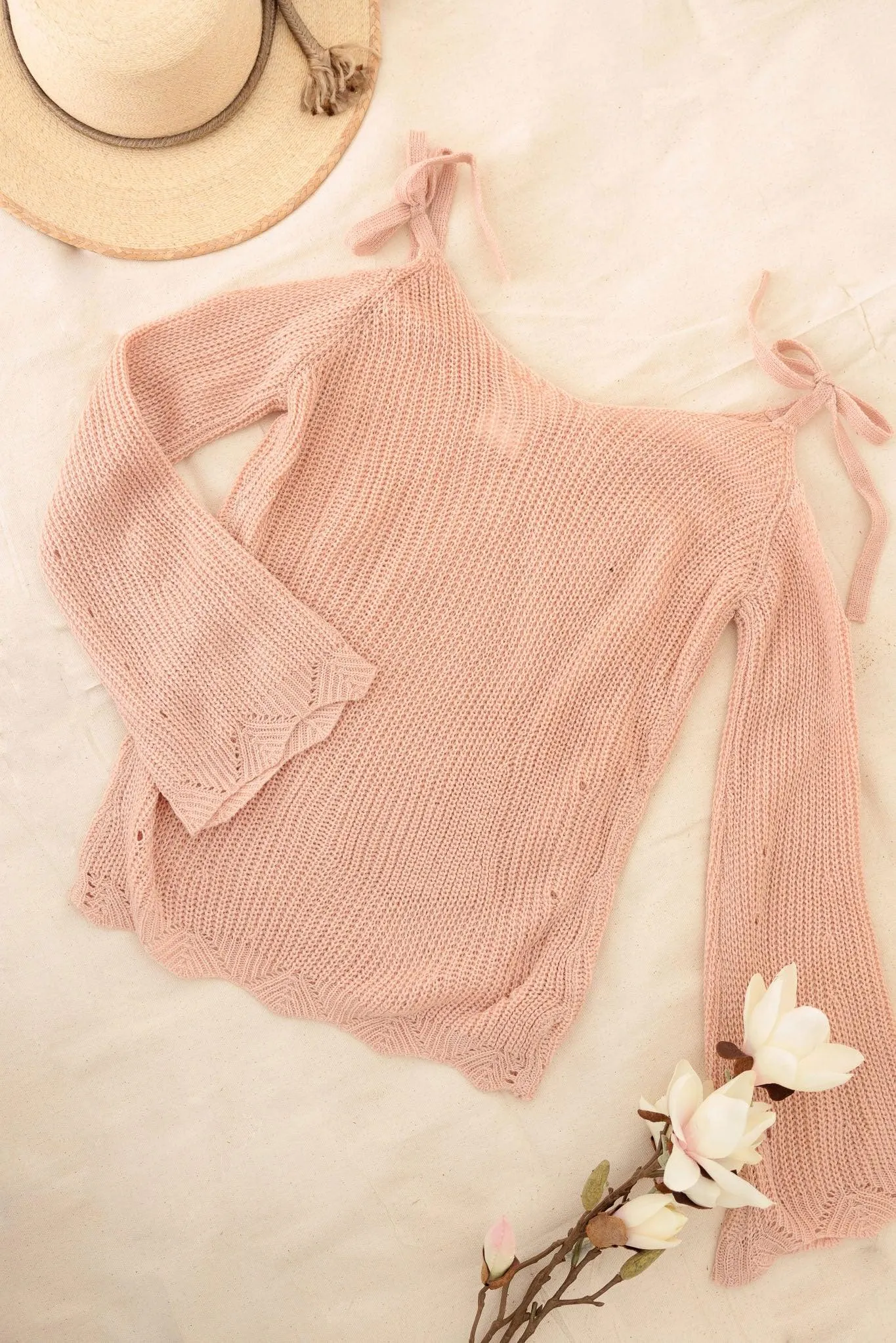 Girls Casual Solid Cold Shoulder Tie Sweater