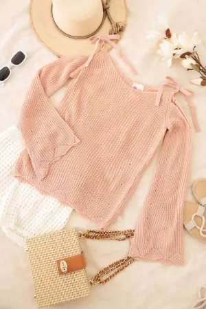 Girls Casual Solid Cold Shoulder Tie Sweater