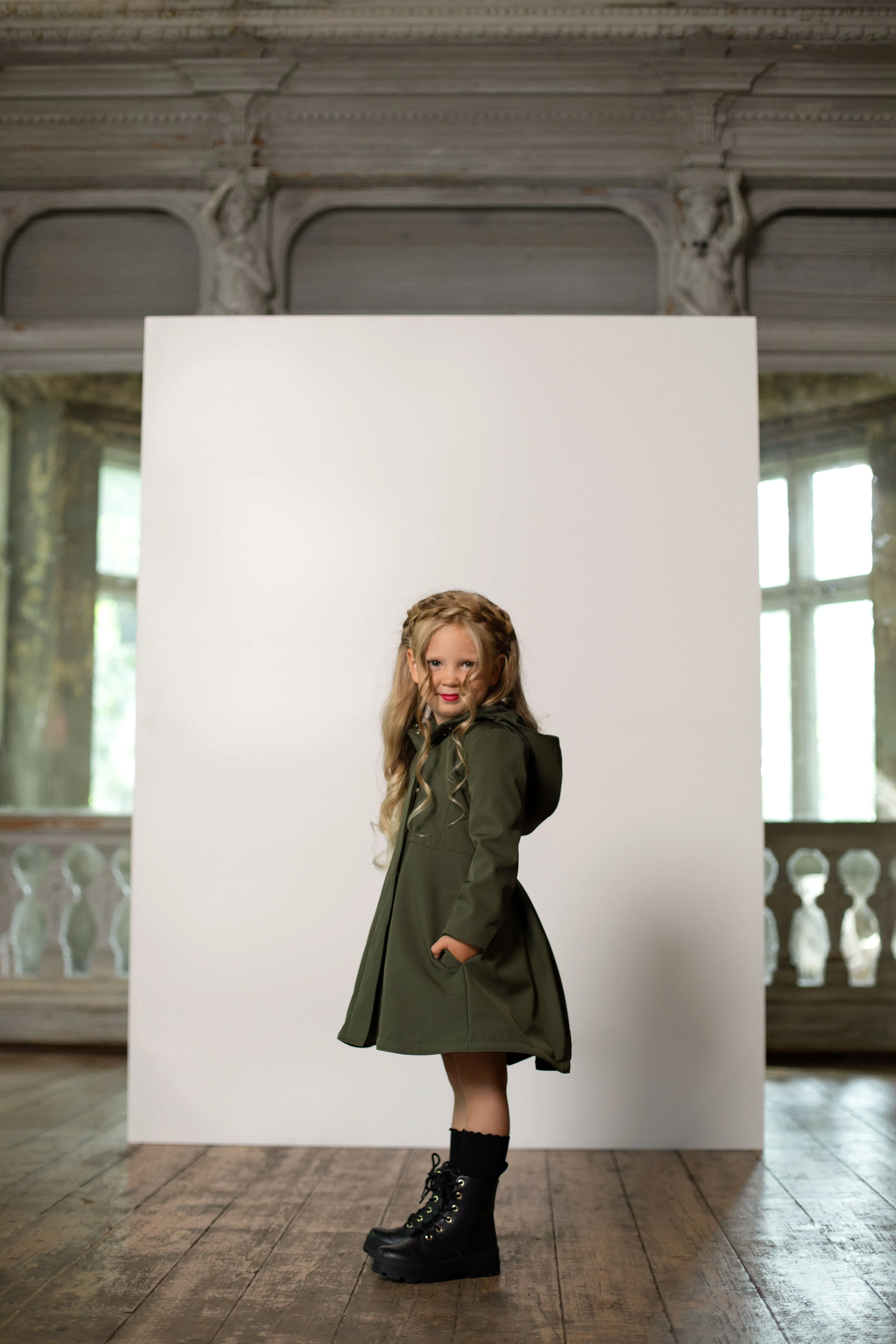 Girls' Khaki Green Coat with Hood | 'Moss Green'