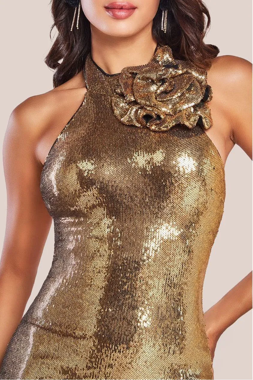 Goddiva Liquid Sequin Halterneck Mini With Corsage - Gold