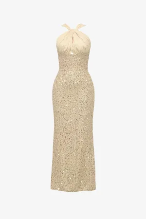 Gold Sequin Halter Maxi Dress