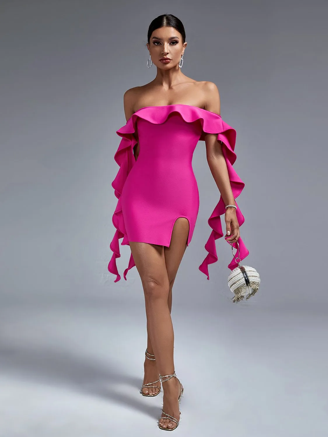 Gorgeous Ruffles Pink Off Shoulder Bodycon Dress