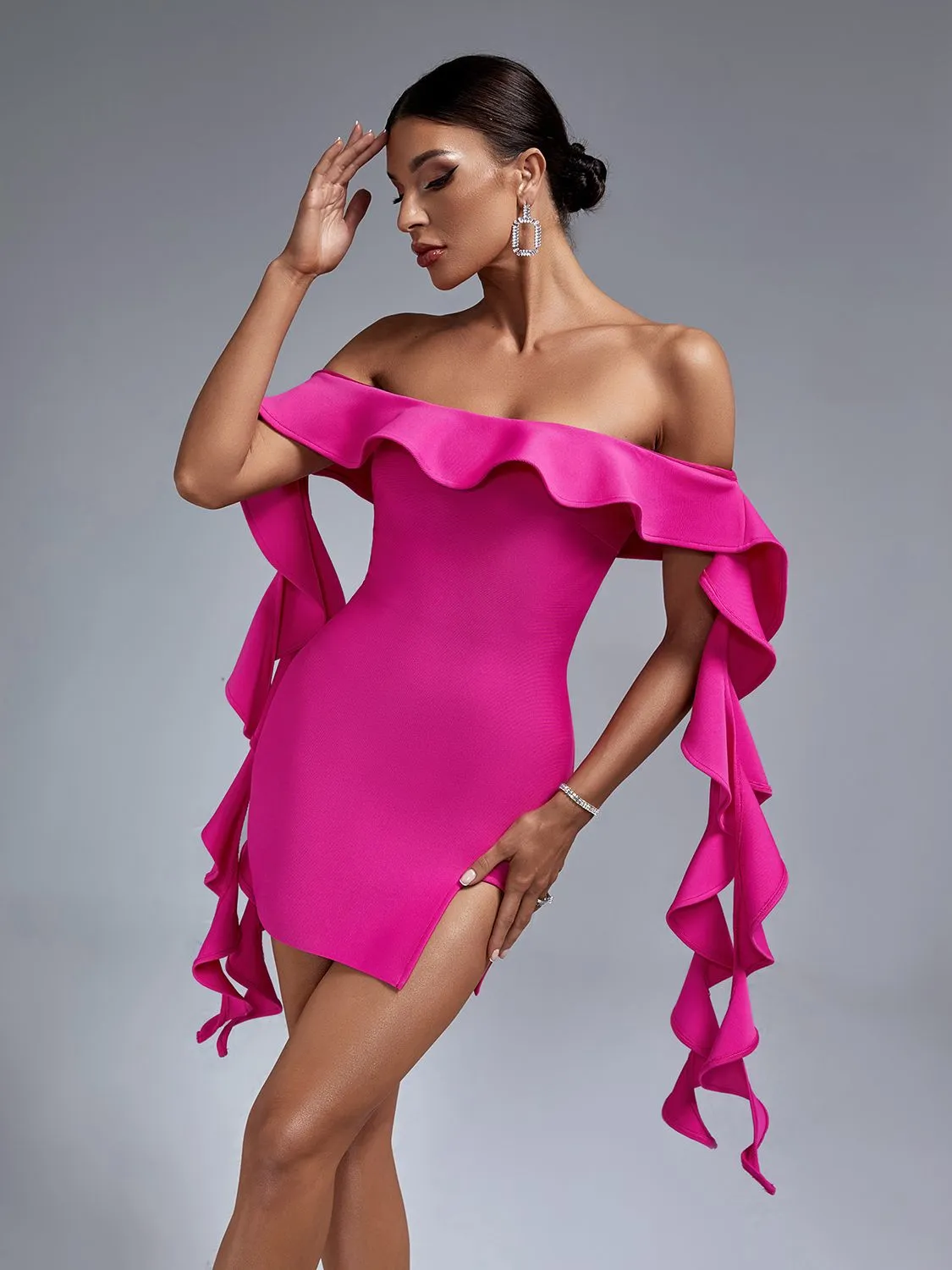 Gorgeous Ruffles Pink Off Shoulder Bodycon Dress