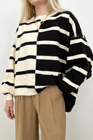 Gracie Asymmetric Black Striped Sweater Top