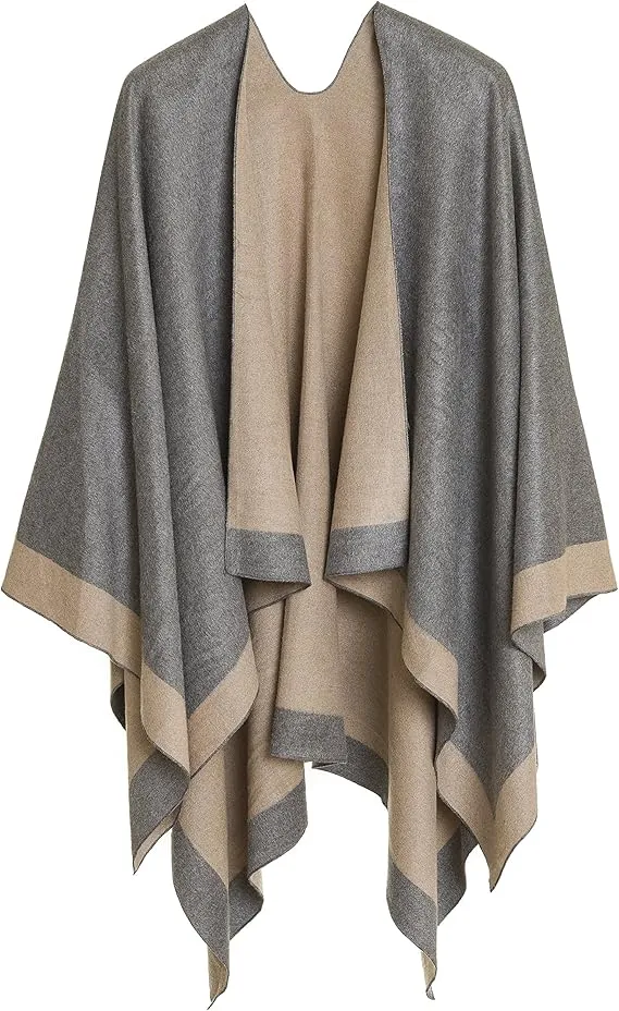 Gray-Pink Luxurious Knit Sweater Poncho Cardigan