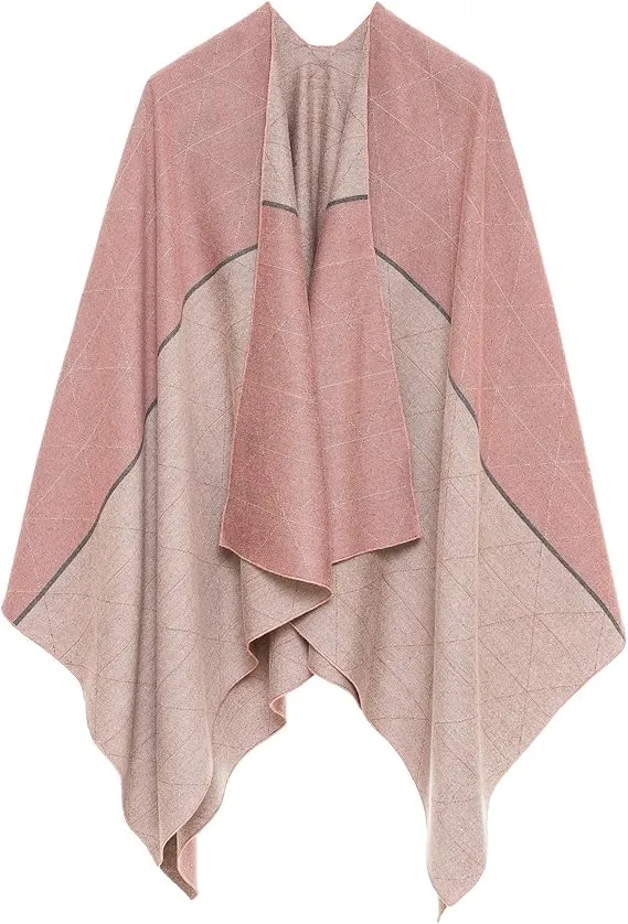 Gray-Pink Luxurious Knit Sweater Poncho Cardigan