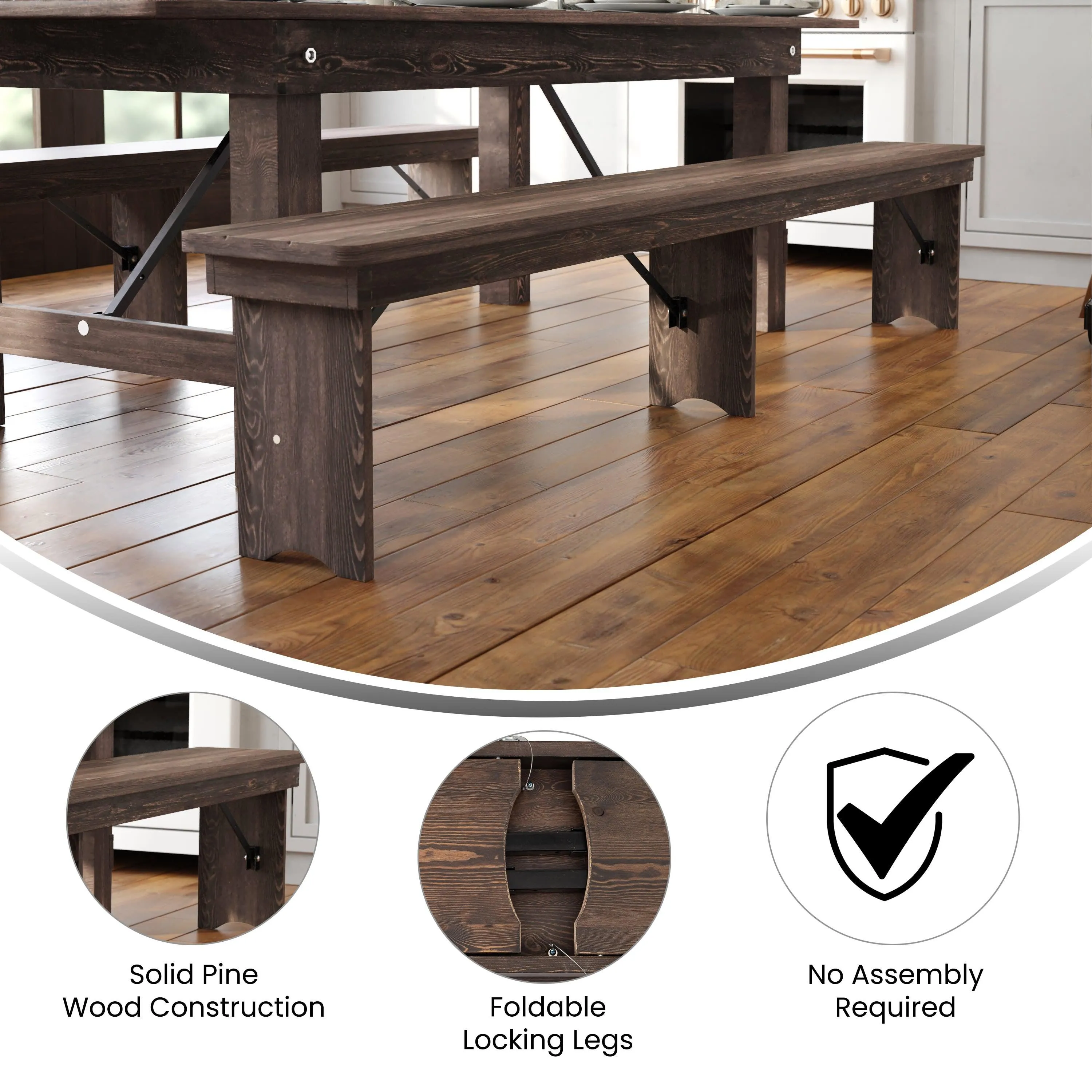 HERCULES Series 8' x 12'' Solid Pine Folding Farm Bench with 3 Legs