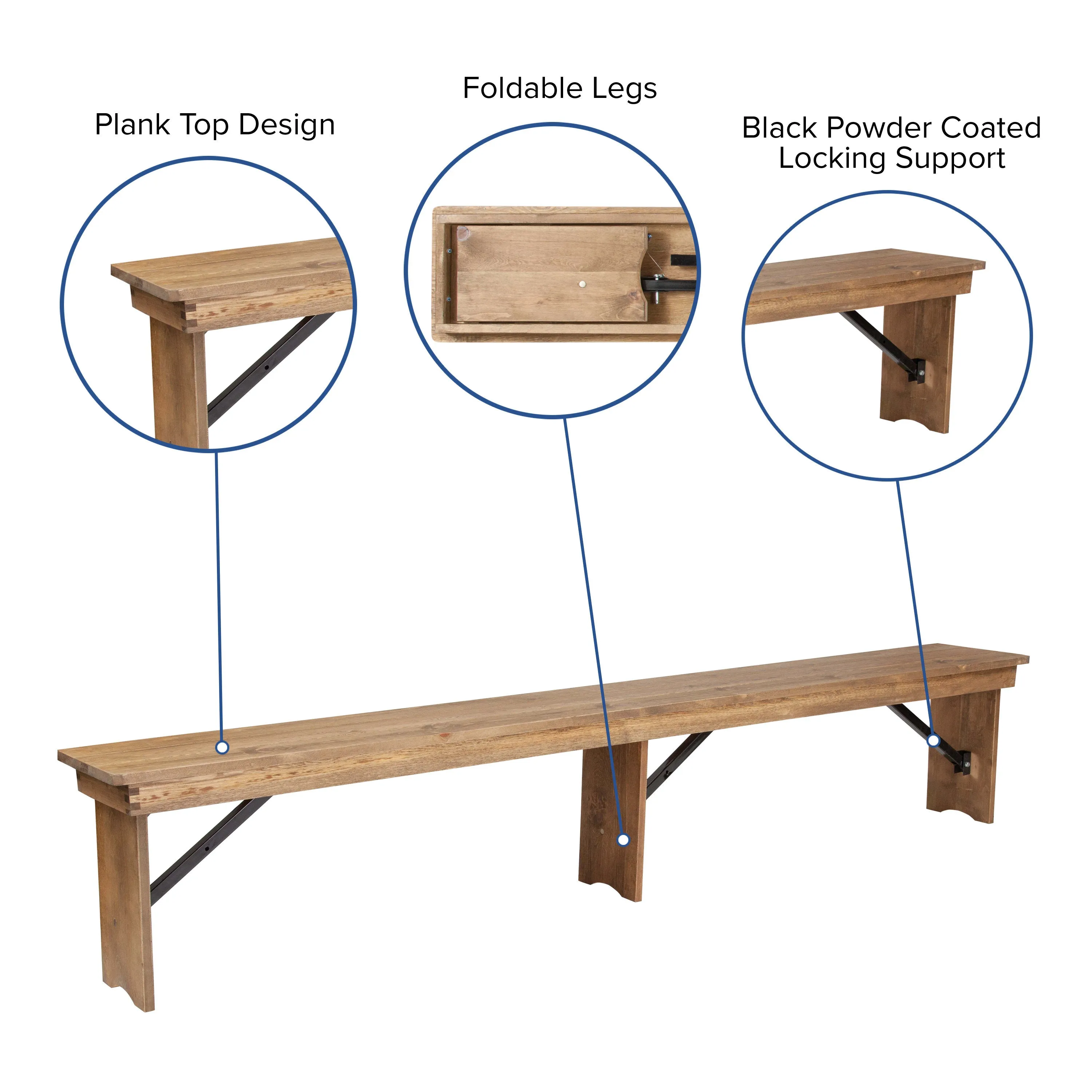 HERCULES Series 8' x 12'' Solid Pine Folding Farm Bench with 3 Legs