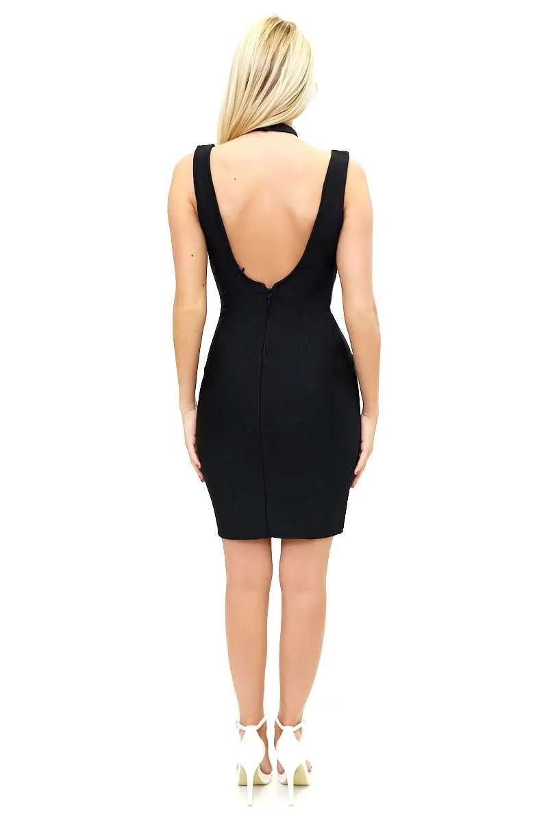 Hilary - Black Crossover Choker Neck Body-con Dress