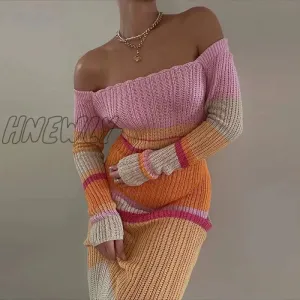 Hnewly Y2K Vintage Striped Knitted Long Dress Leisure Style Off Shoulder Long Sleeve Bodycon Maxi Dress Chic Women Crochet Clothes