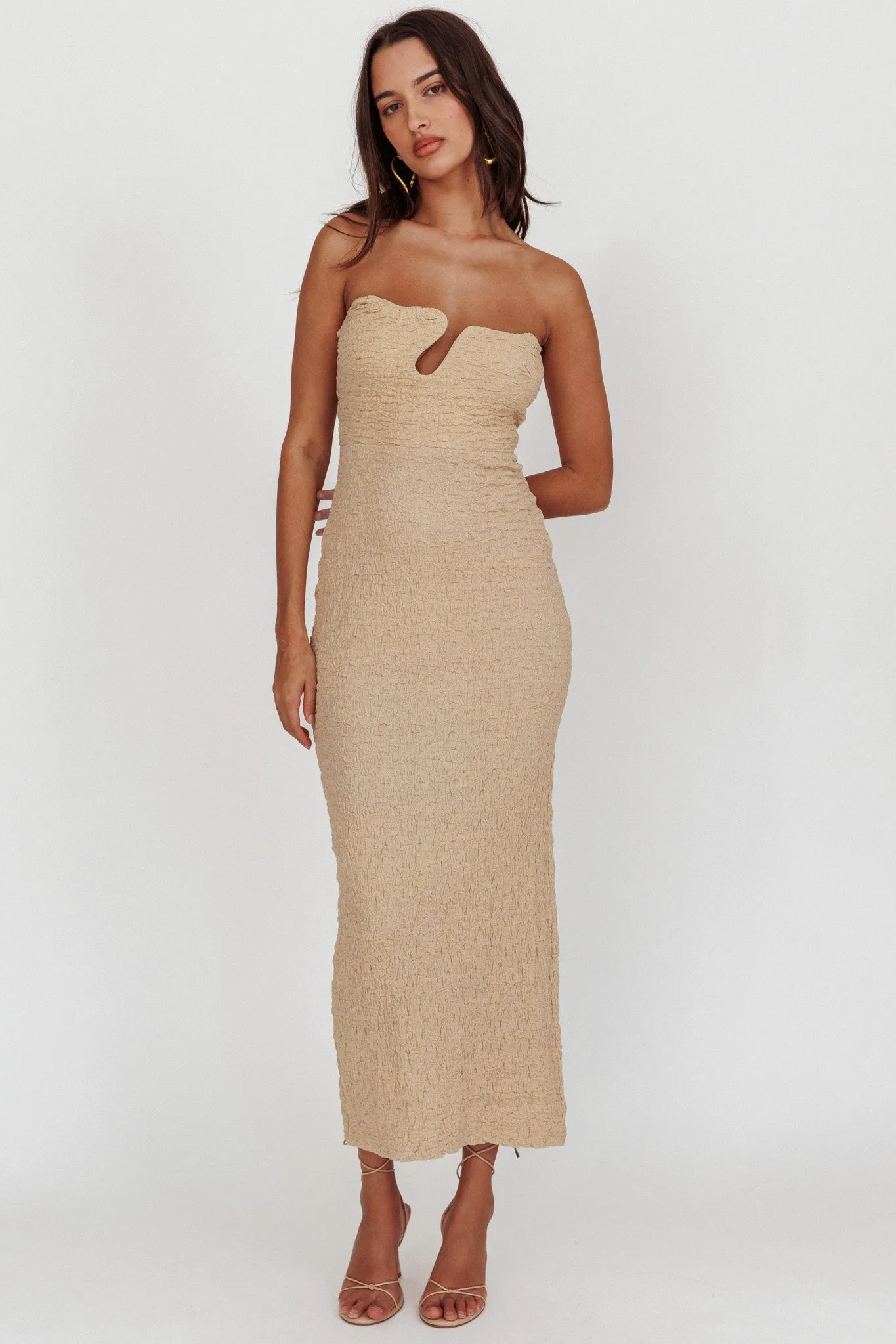 Horizon Strapless Textured Midi Dress Nude