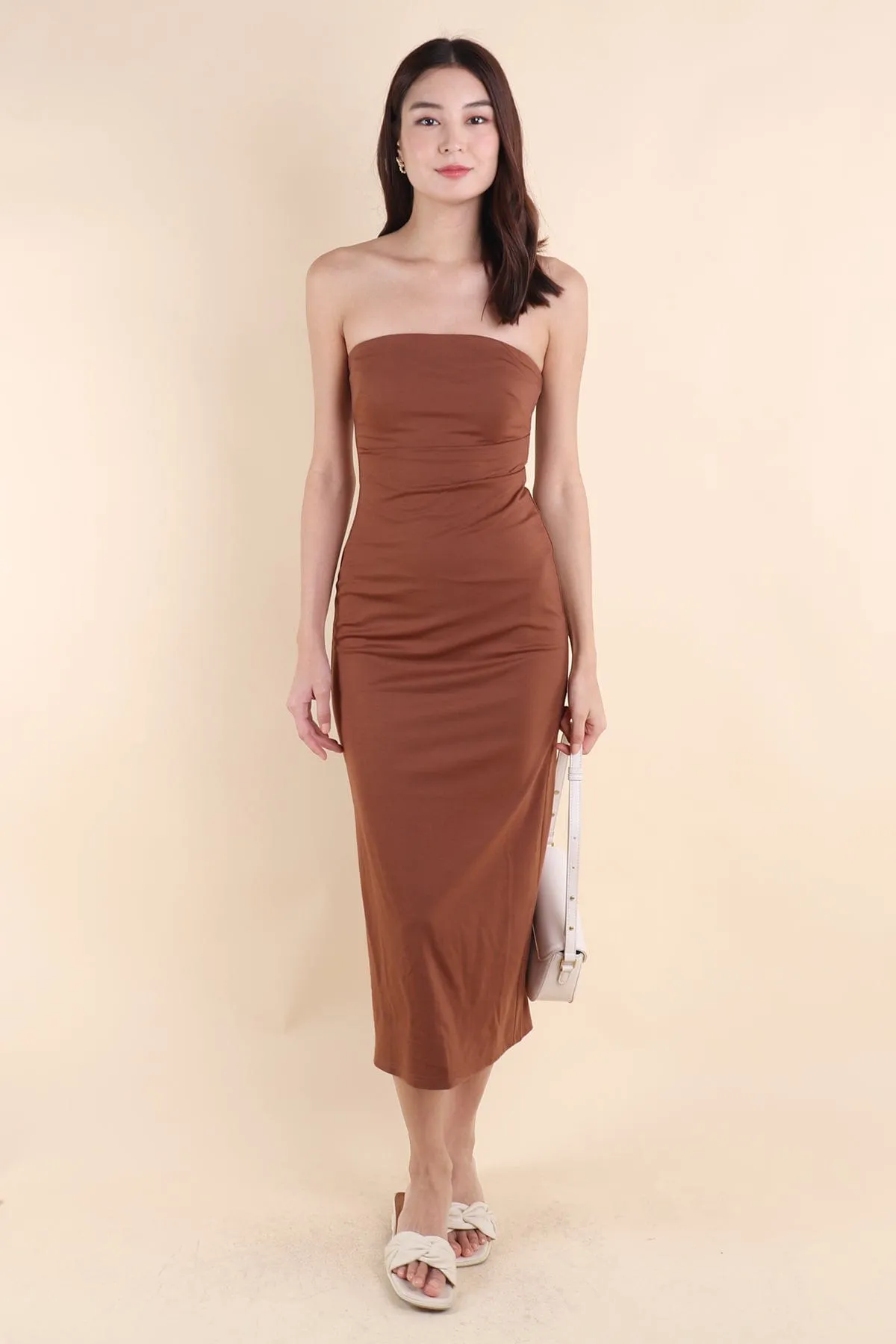 ISLA PADDED BODYCON MAXI IN BROWN