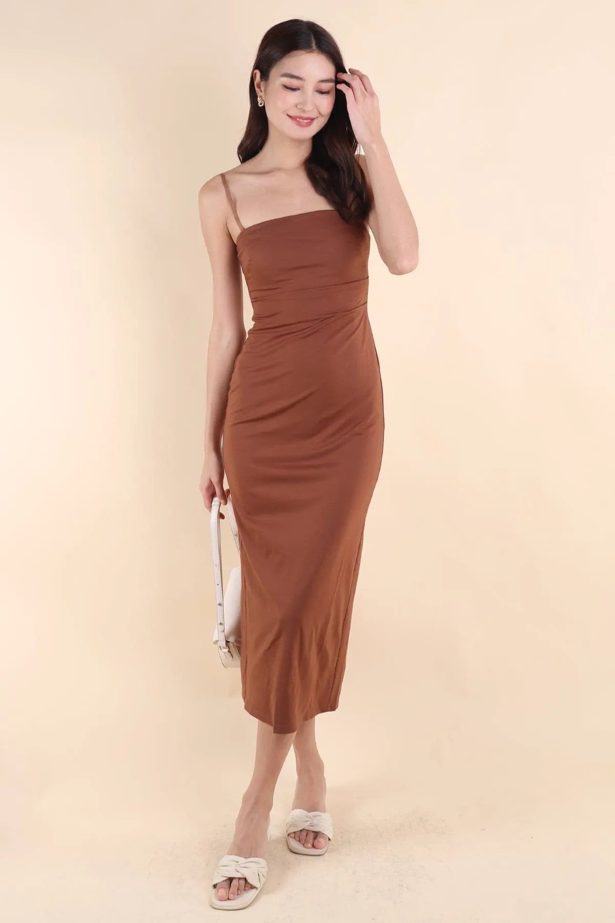 ISLA PADDED BODYCON MAXI IN BROWN