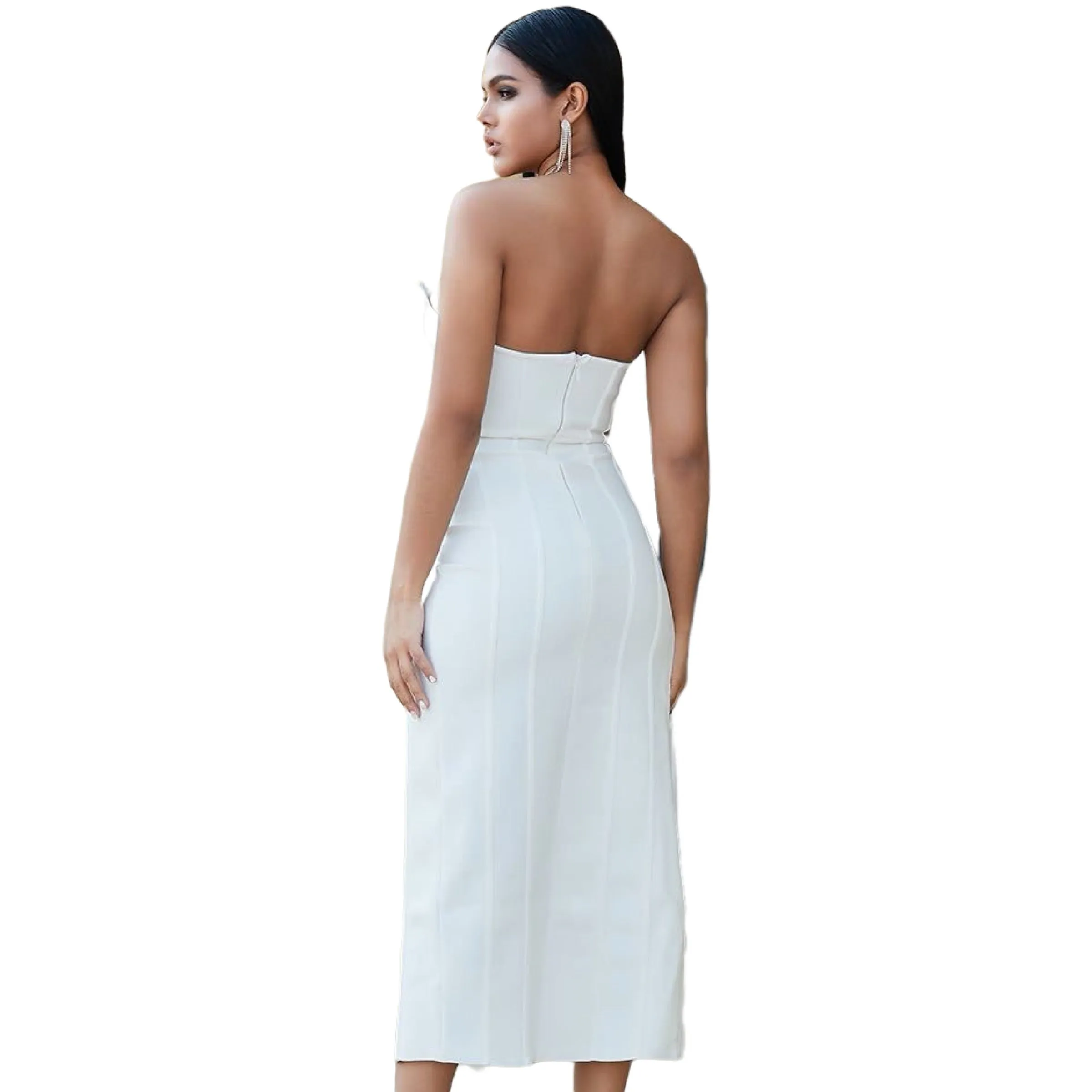 It Girl Date Bodycon Hourglass Midi Dress Strapless High Slit Shaper Bandage in White Size XS, S, M, L