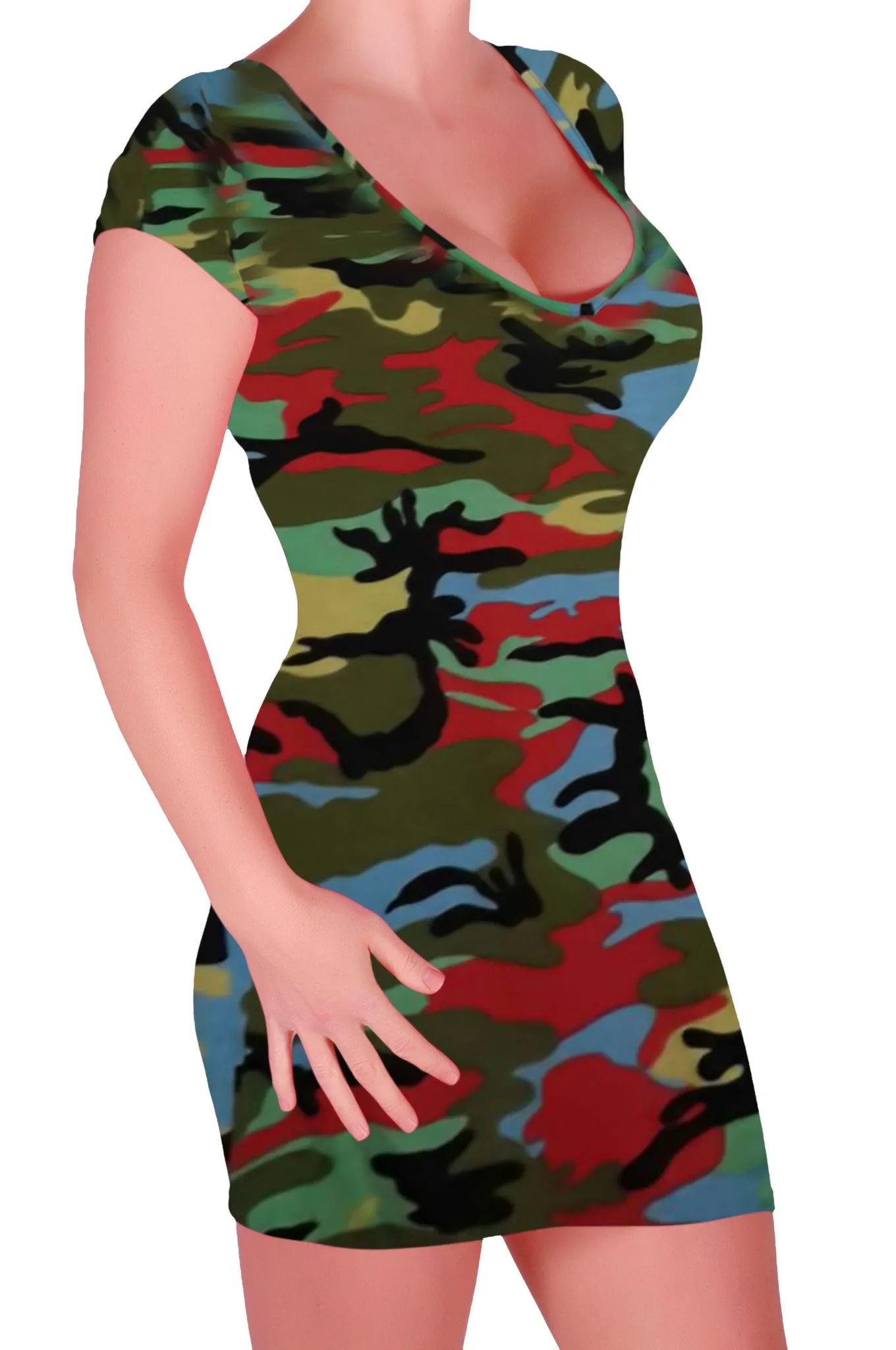 Jane V Neck Cap Sleeve Camouflage Bodycon