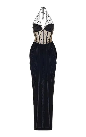 Jessica Halter Corset Draped Maxi Velvet Dress