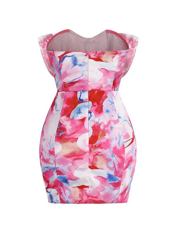 Judith Bow Tie Front Strapless Floral Mini Dress