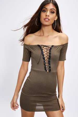 Khaki Off The Shoulder Lace Up Bodycon