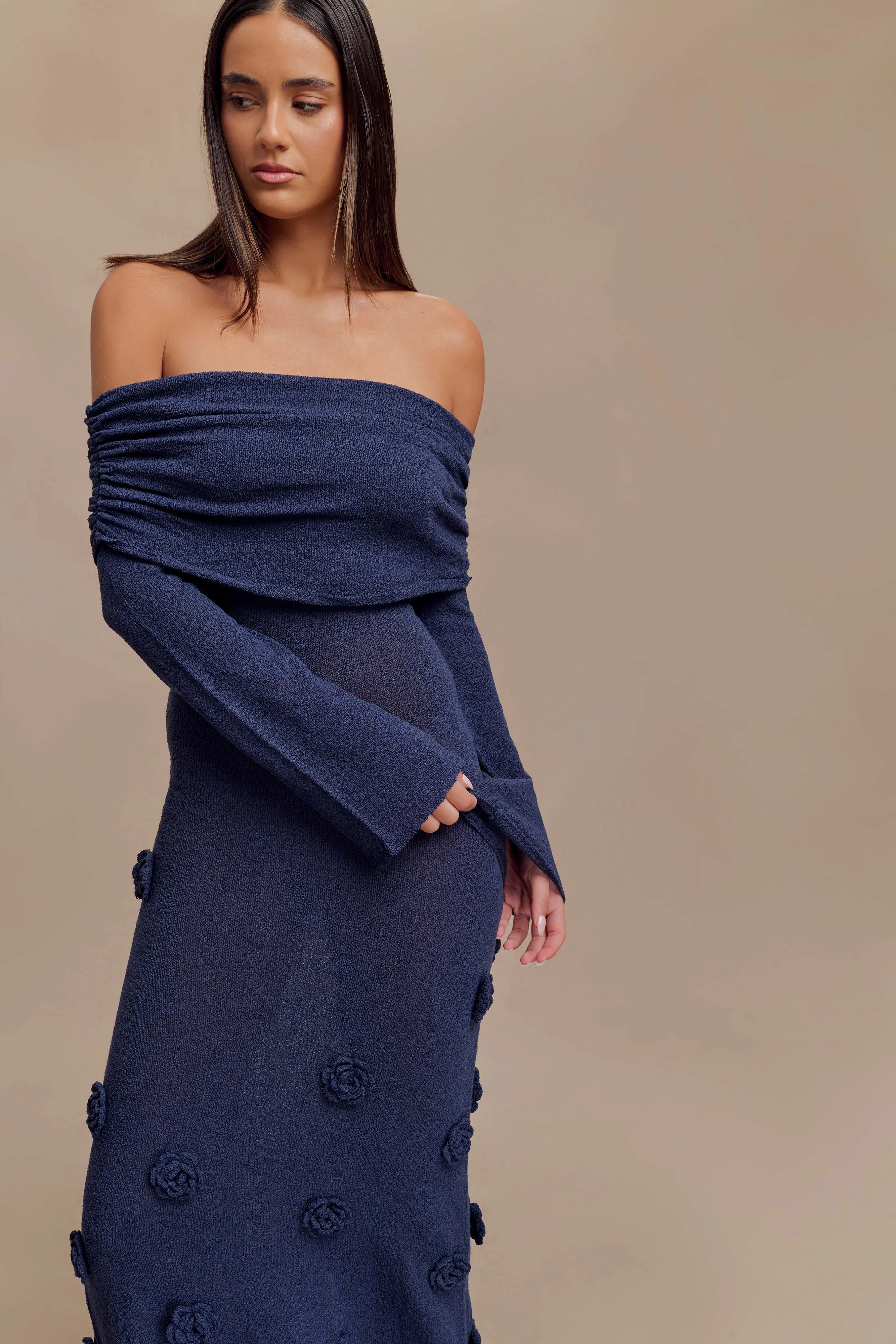 Kiki Off Shoulder Knit Rose Maxi Dress - Navy