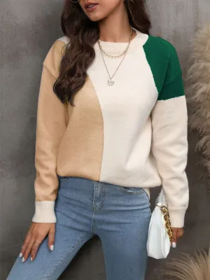 Ladies Sweater New Contrast Knit Pullover Fashion Round Neck Long Sleeve Knitwear Tops Streetwear Women's Winter Blouse 2023