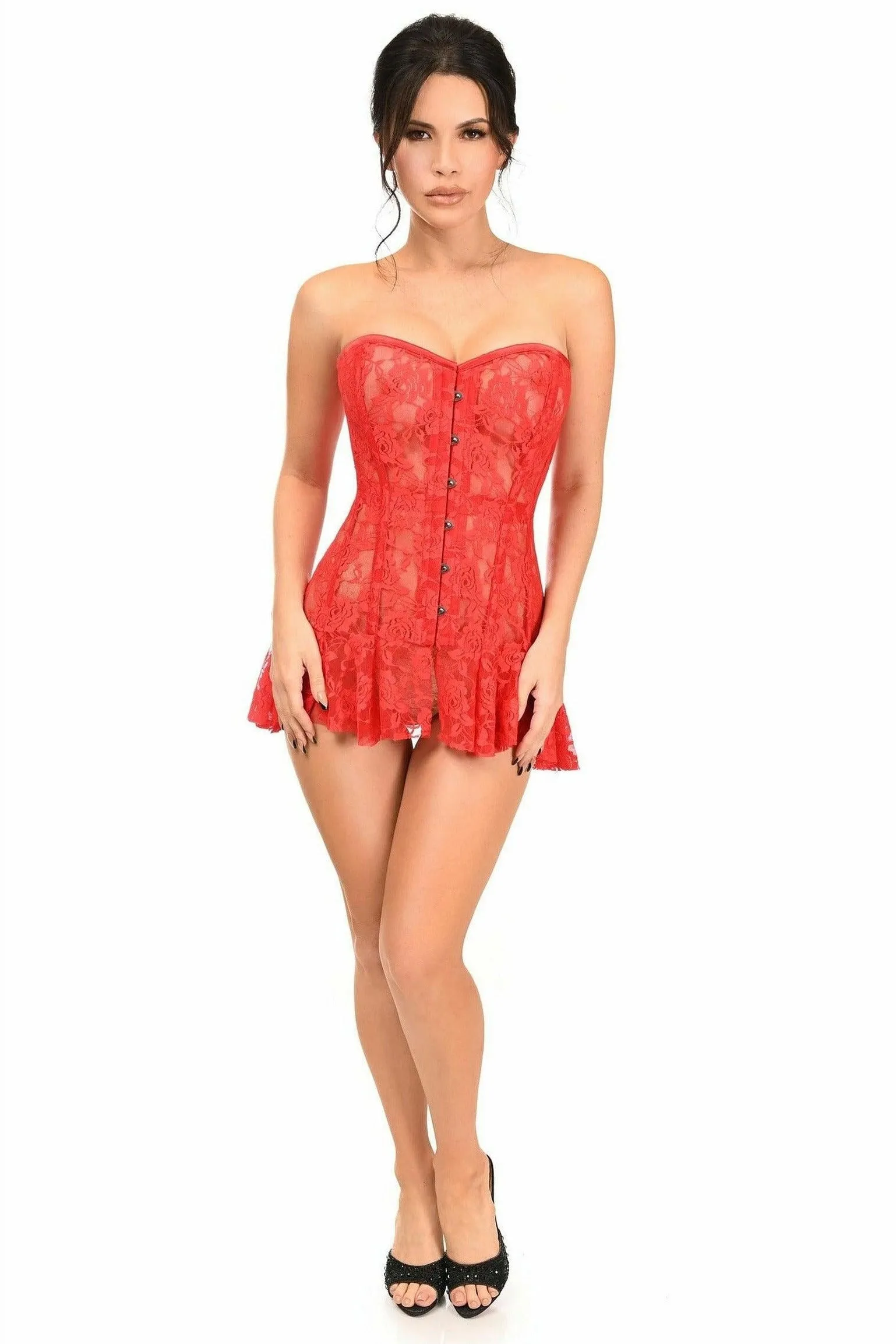 Lavish Red Sheer Lace Corset Dress