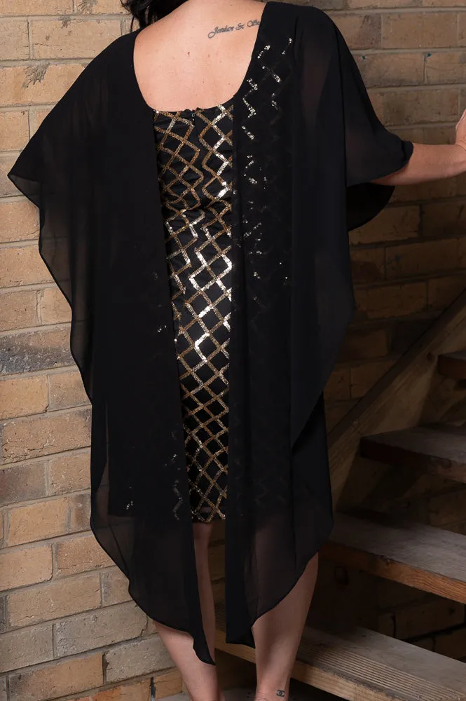 Layered short dress with argyle metallic print and mesh cape | EMPORIUM DRESS