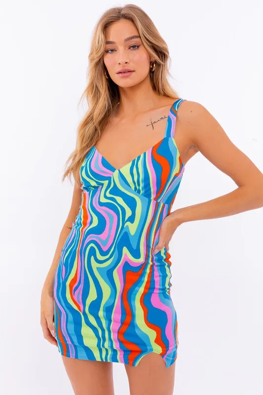 LE LIS Casual Mini Blue-Pink Abstract Tank Bodycon Dress