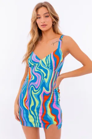 LE LIS Casual Mini Blue-Pink Abstract Tank Bodycon Dress