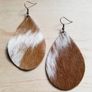 Leather Teardrop Earring-Tan & White Hair-On-Hide