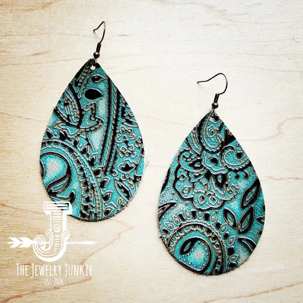 Leather Teardrop Earrings-Turquoise Brown Paisley