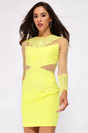 Lemon Long Sleeve Crochet And Mesh Bodycon Dress