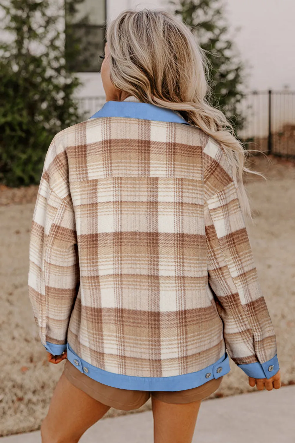 Light French Beige Plaid Patchwork Flap Detail Button Up Shacket