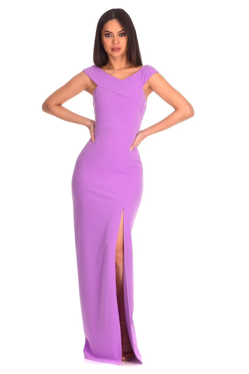 Lilac Off The Shoulder Side Split Maxi Dress