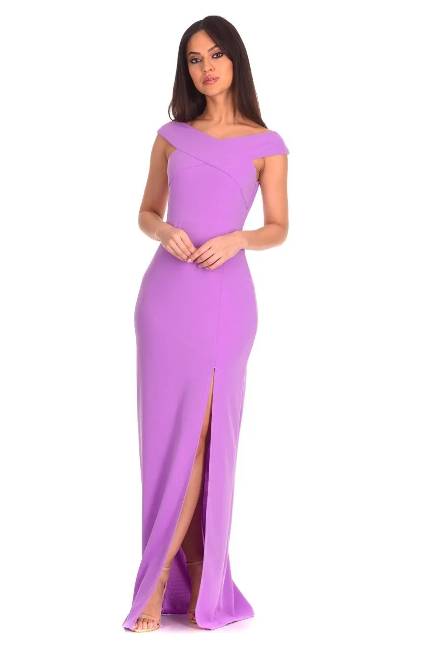 Lilac Off The Shoulder Side Split Maxi Dress