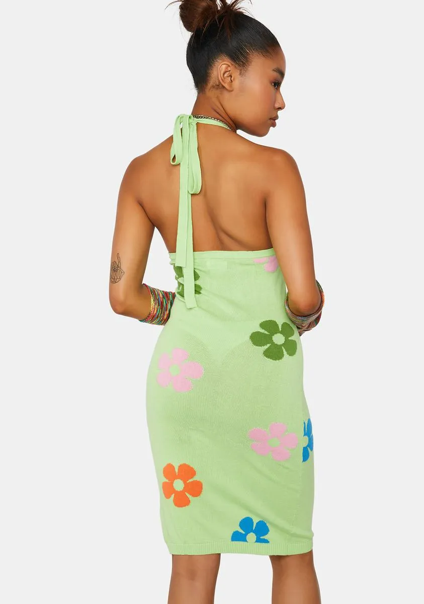 Lime Floral Intarsia Halter Dress