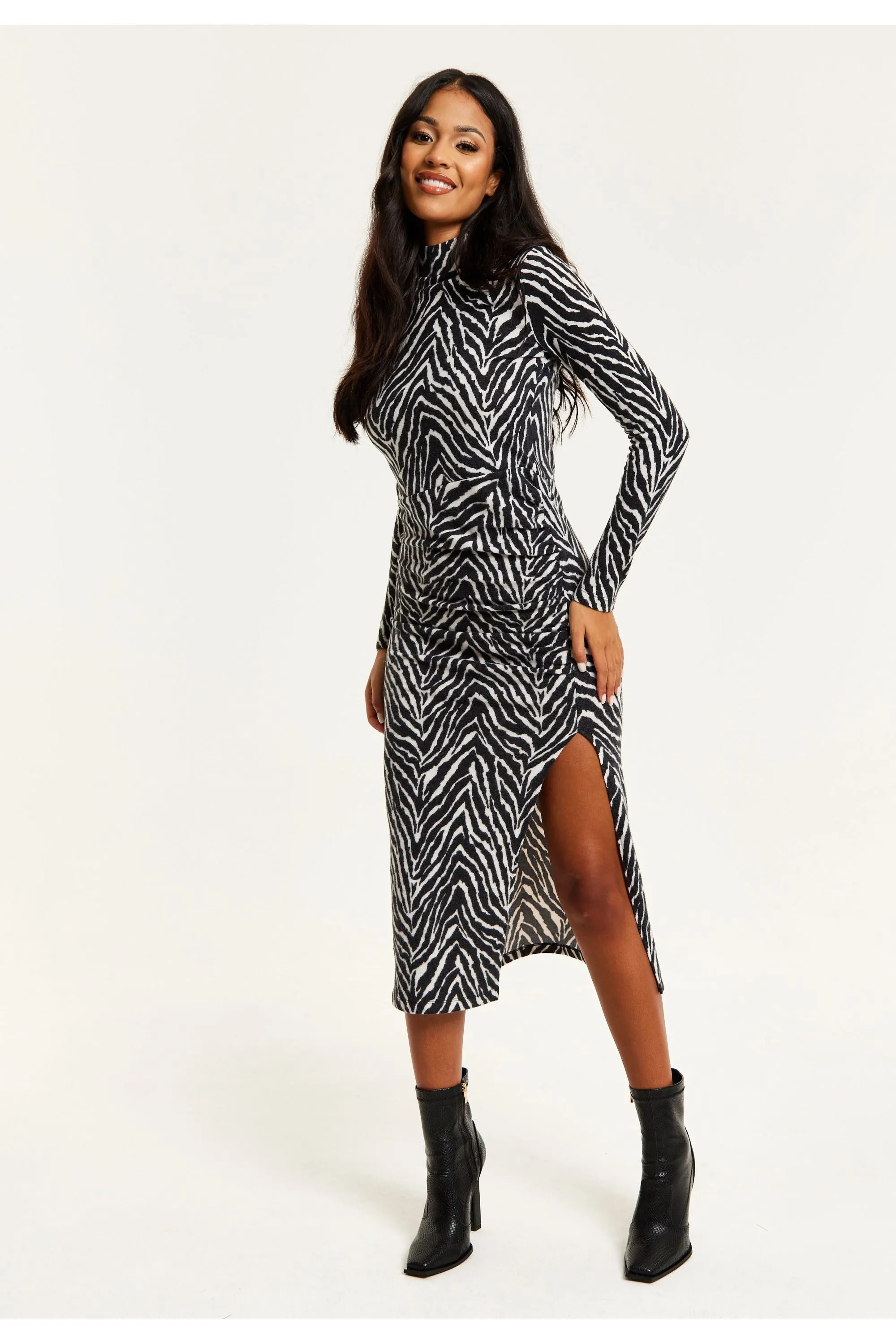 Liquorish Brushed Knit Mono Zebra Print Midi Dress With Front Slit