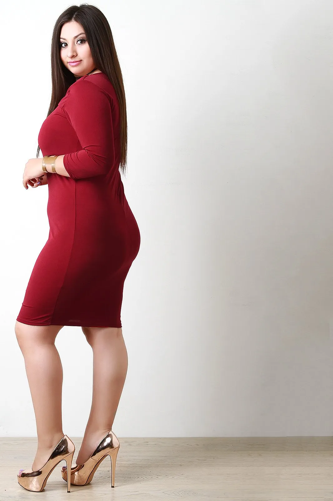 Long Sleeve Cross Over Keyhole Bodycon Dress